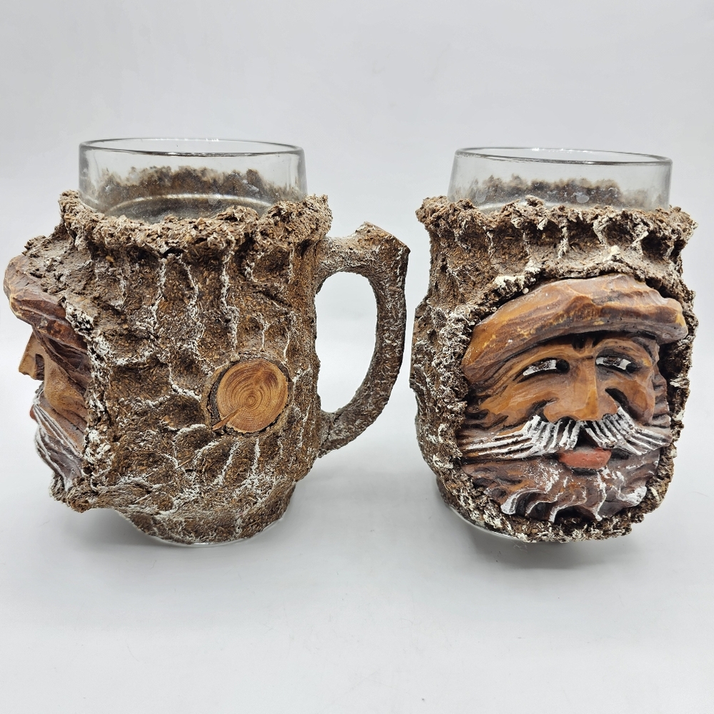 Rustic TreeMan Woodland Glass Face Beer Mugs Faux Tree Bark Austrian German